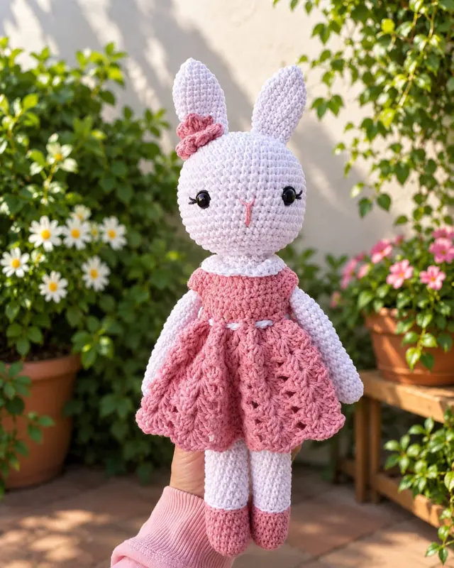 Conejita amigurumi blanca con vestido rosa tejido al crochet