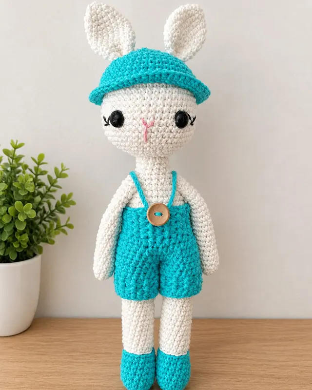 Conejito amigurumi blanco con jardinero y sombrero turquesa