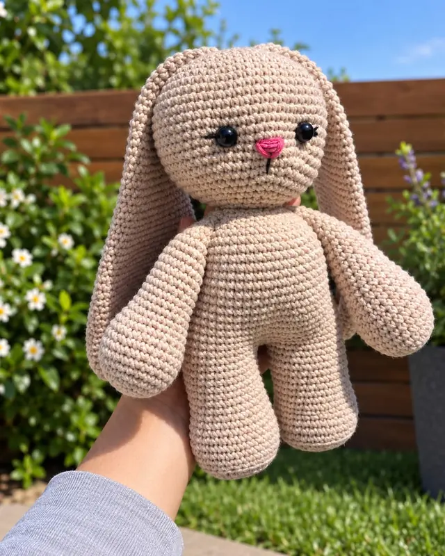 Conejo amigurumi color beige de orejas largas