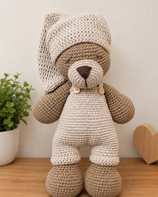 Osito amigurumi marrón con gorro de dormir y enterito beige