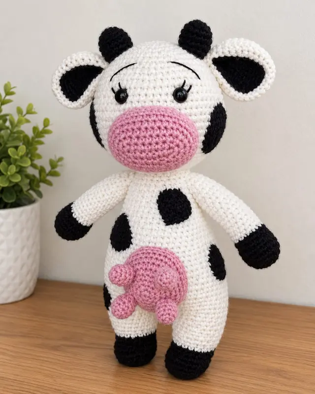 Vaquita amigurumi blanca con manchas negras y hocico rosado