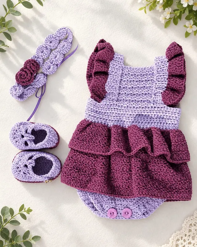 Conjunto de bebé tejido al crochet: vestido bordó y lila con volados, vincha y zapatitos