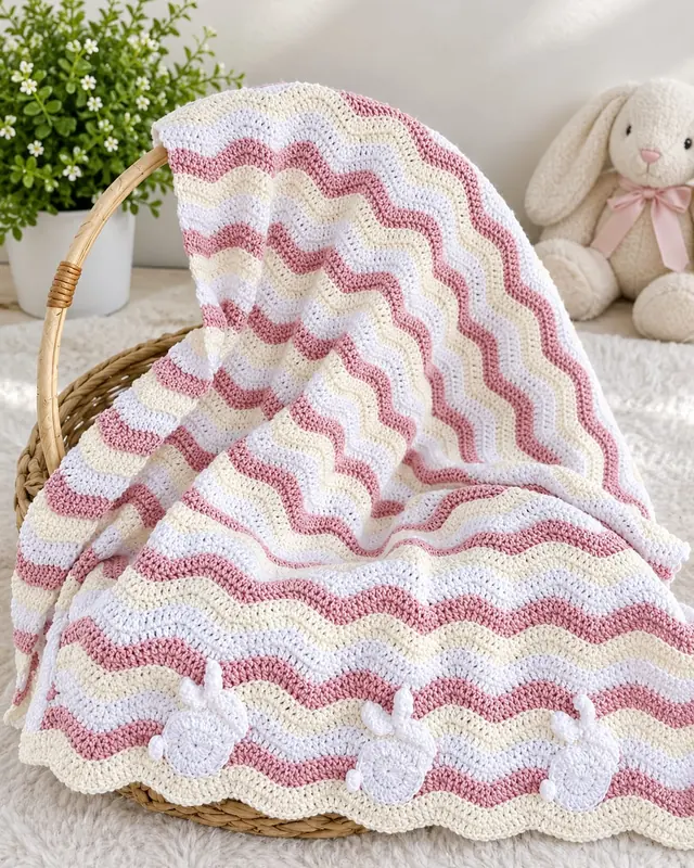 Manta tejida al crochet con ondas rosadas, blancas y beige y conejitos en el borde
