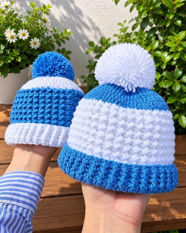 Dos gorros tejidos al crochet en azul y blanco con pompón