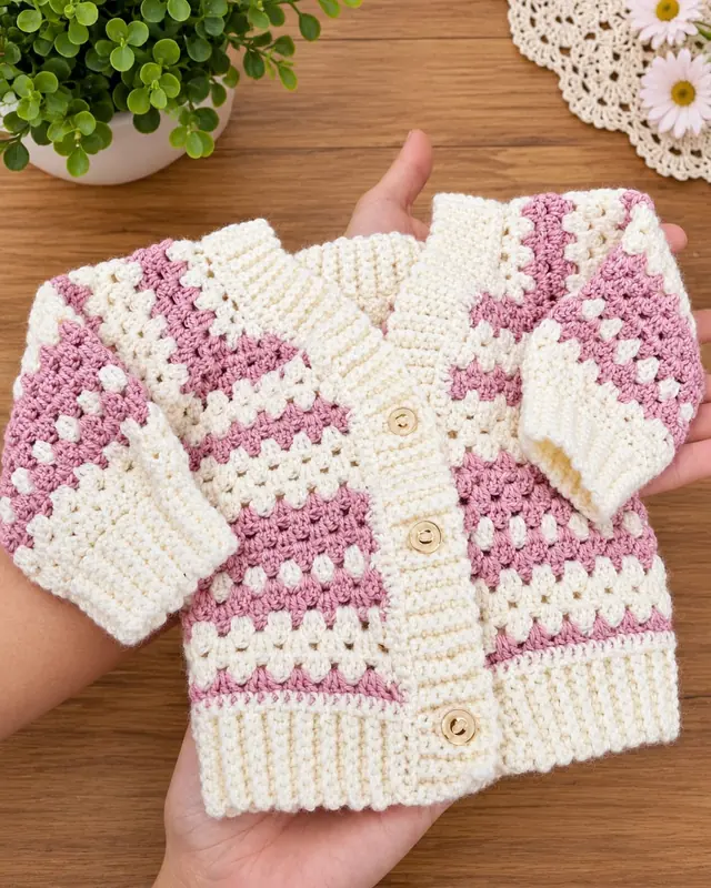 Saquito tejido al crochet en color crudo con franjas rosadas y botones de madera